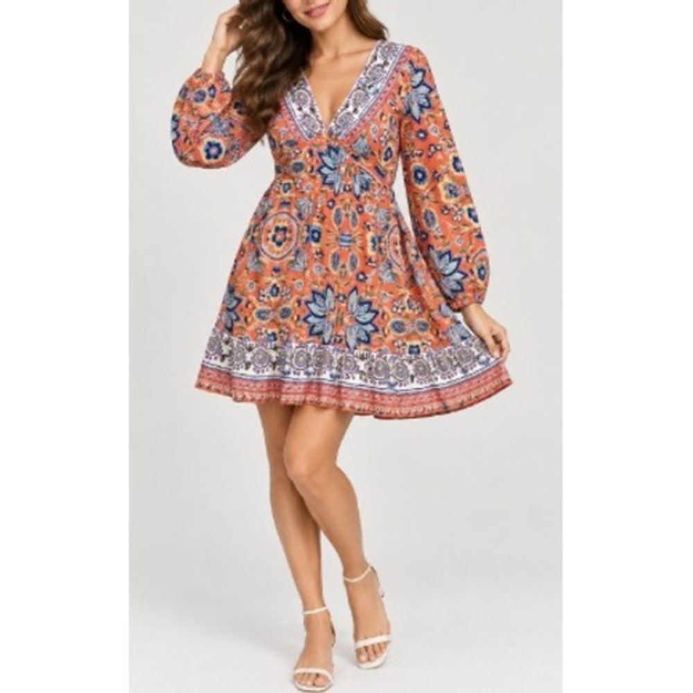 Angie Womens Coral Orange Floral Paisley Long Sleeve‎ V-Neck Boho Dress Size L